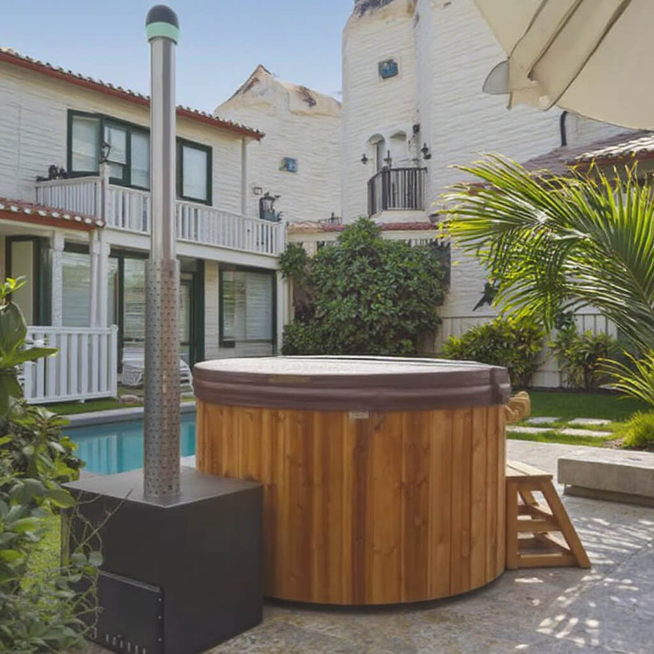 Red Cedar Wood-Fired Outdoor Hot Tub with External Stove