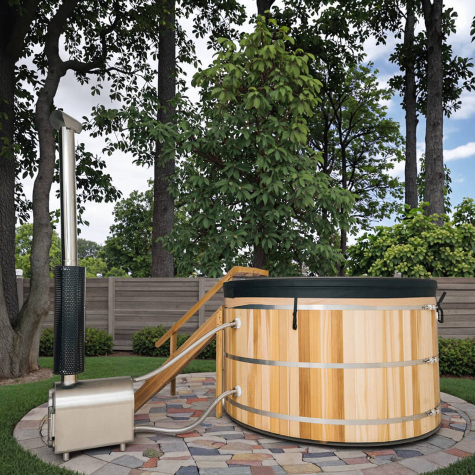 6-Person Red Cedar Wood-Fired Outdoor Hot Tub with 12 Jets