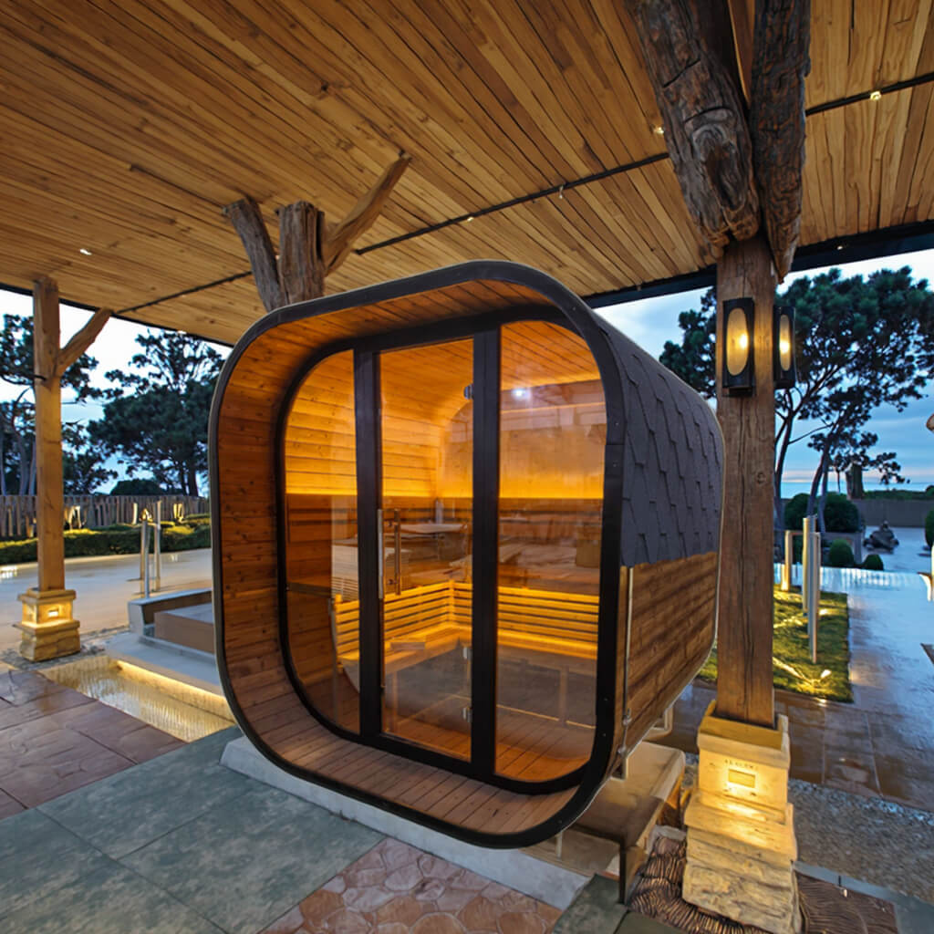 6-Person Outdoor Barrel Sauna - Panoramic Glass & ETL Heater