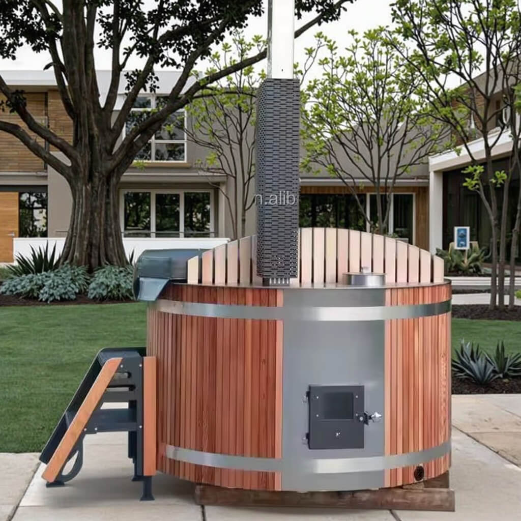 Modern 6-Person Red Cedar Wood-Fired Outdoor Hot Tub Spa