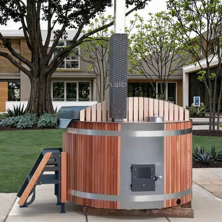 Modern 6-Person Red Cedar Wood-Fired Outdoor Hot Tub Spa