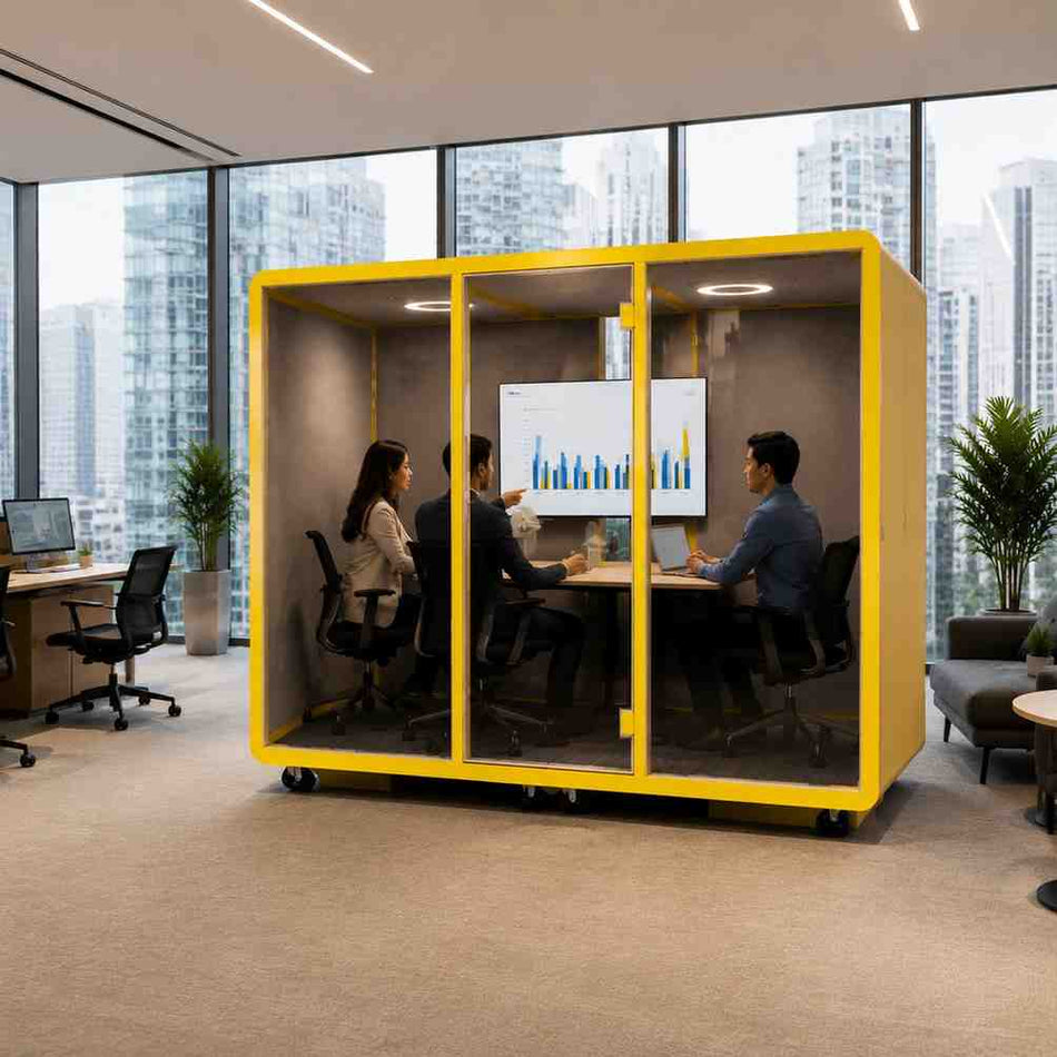 Modular Acoustic Office Pod – 3-Person Soundproof Meeting Booth with LED Screen, A/C & Adjustable Storage
