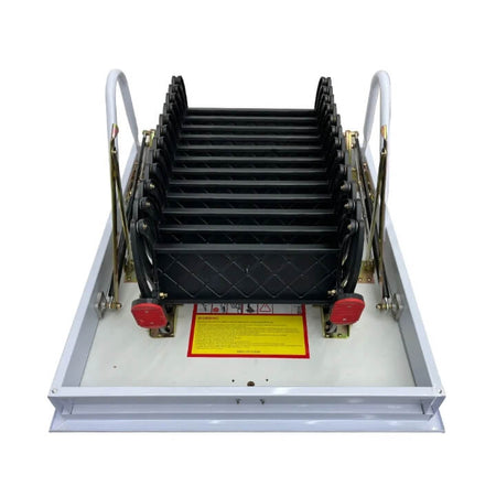 Compact folded attic ladder stored in ceiling attic space, 17.7 inch folded height saves storage room, heavy duty steel construction
