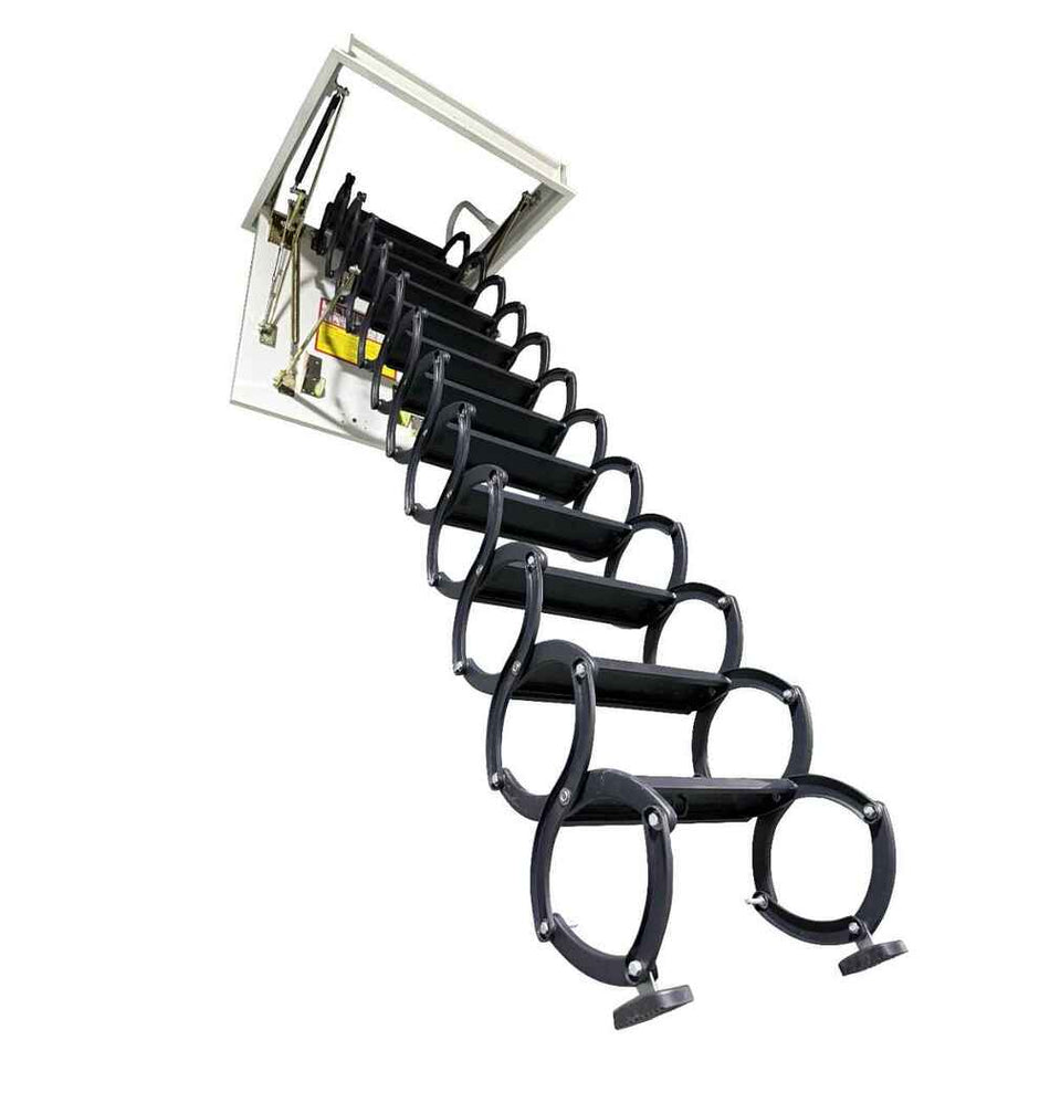 Heavy duty square attic ladder fully extended to 9.8ft height, 30x30 inch ceiling opening, 660 lb weight capacity, 12 step design for residential use