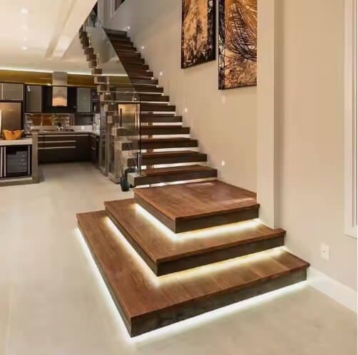 Wooden Straight Floating Stairs with Glass