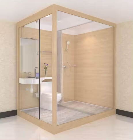 Prefab Bathroom Featuring Shower Area and Sliding Door