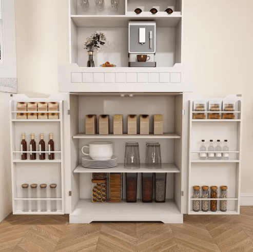 White Buffet Cabinet with Hutch with 2 Drawers & Barn Doors