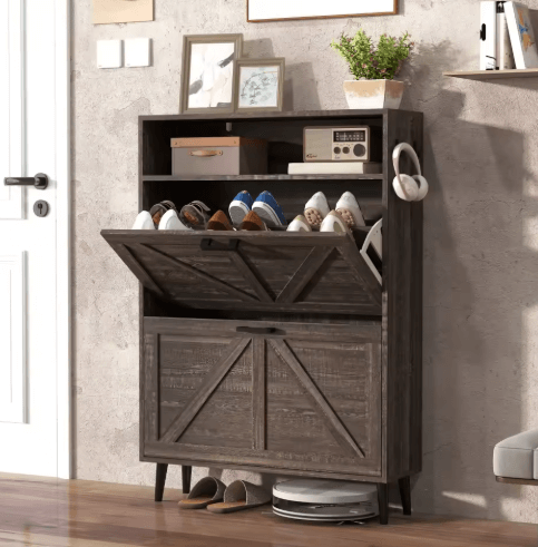 Farmhouse Shoe Storage Cabinet with Barn Door Design with 2 Flip Drawers