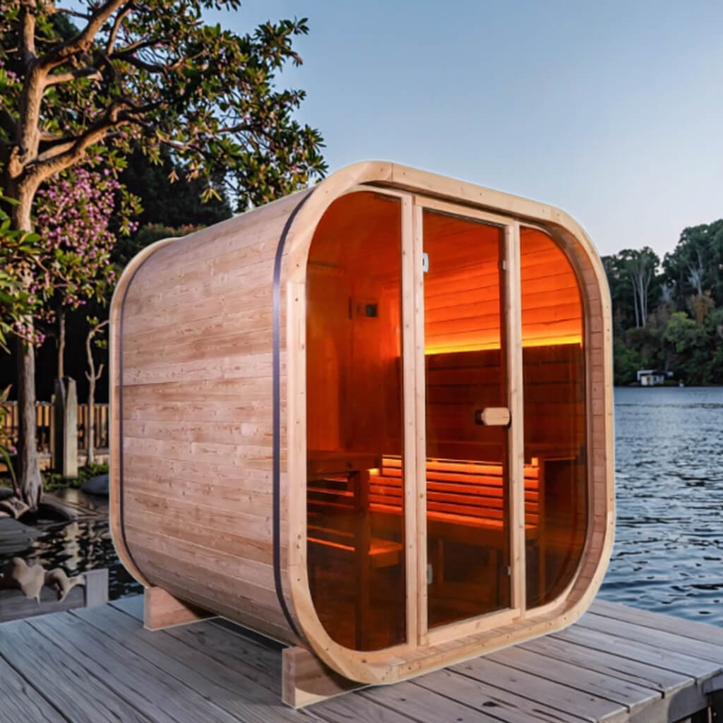 Outdoor Spruce Barrel Sauna with Panoramic Glass View