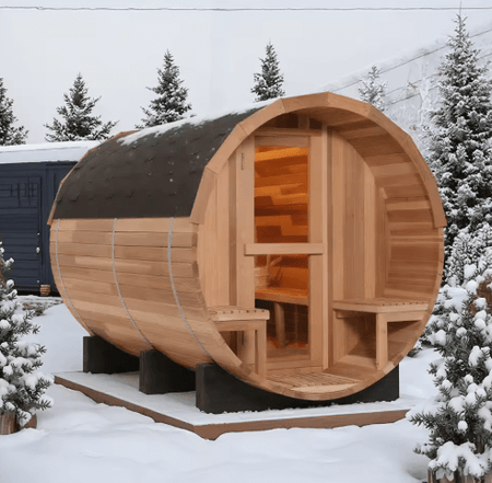 6-Person Canadian Cedar Barrel Sauna with Porch & Glass View