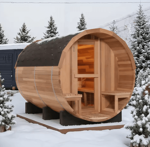 6-Person Canadian Cedar Barrel Sauna with Porch & Glass View