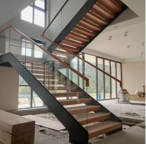 U Shape Floating Stair Design with Glass Rail